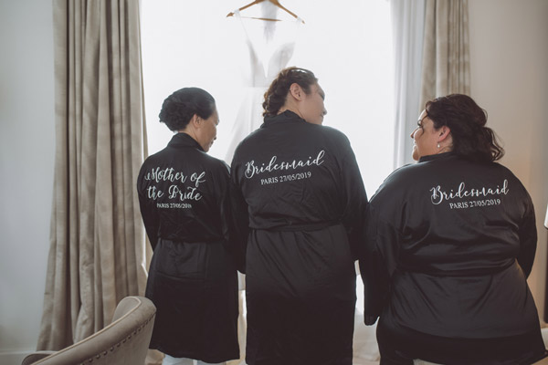 Bride and bridal party in destination wedding paris The kimono for the bride and bridesmaids