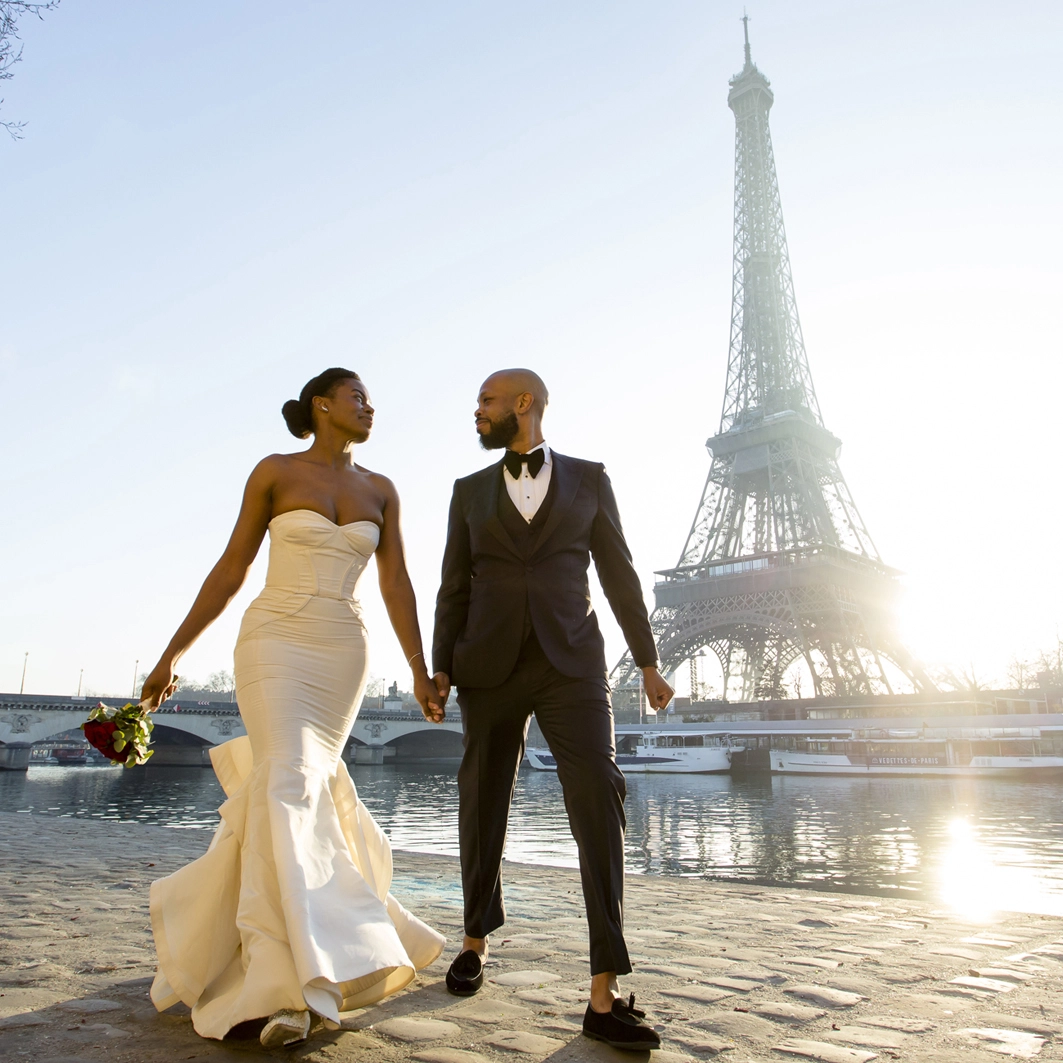 elopement in Paris A walk along the river for the couple after the first look