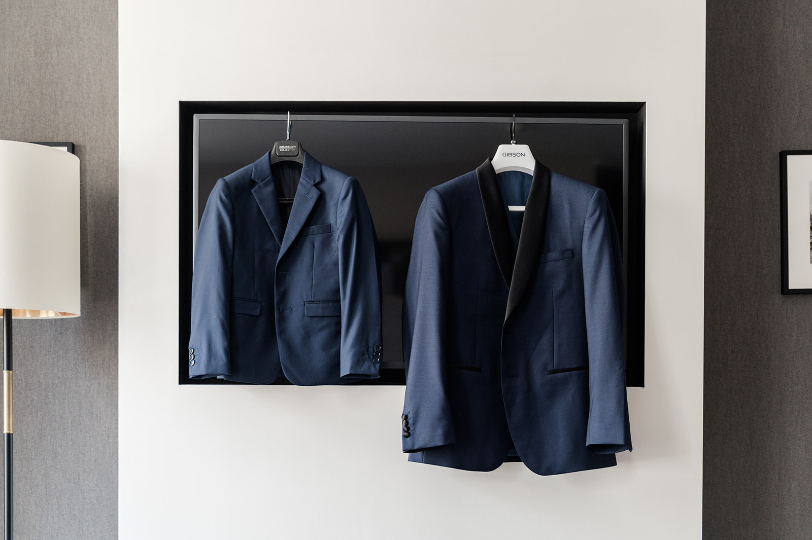 The groom’s suit for the ceremony The groom's blue suit for the ceremony