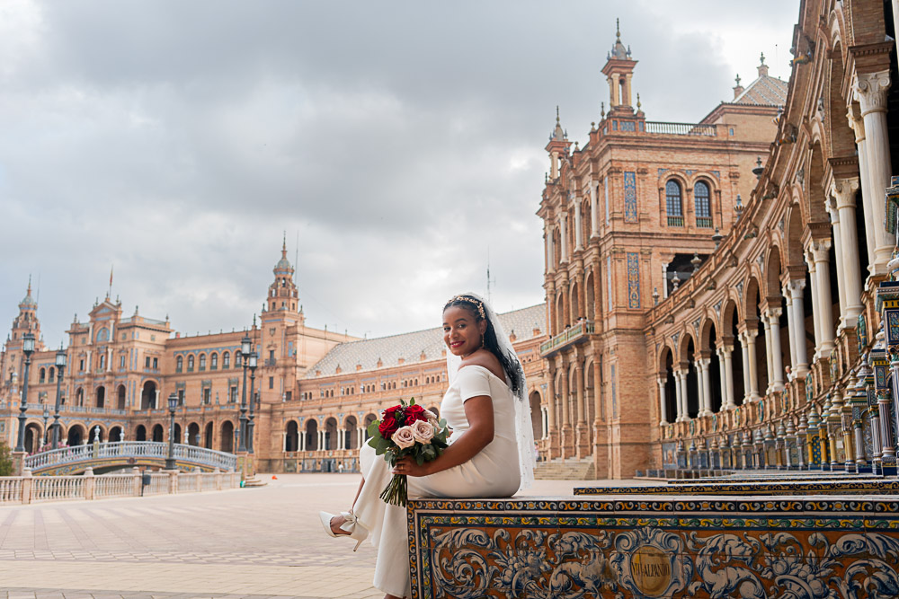 The great Plaza Espana during a wedding in Seville in winter